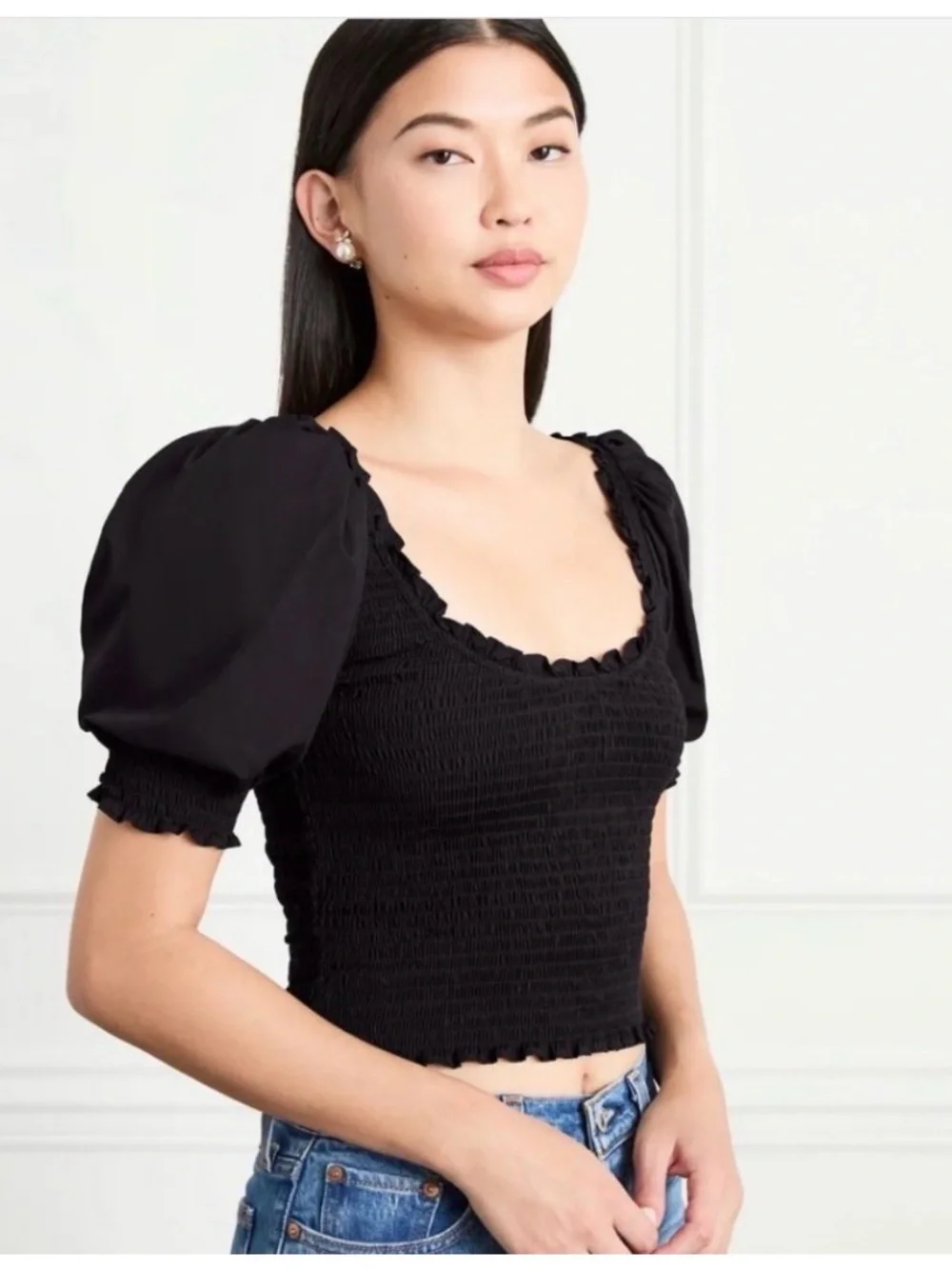 Hill House Black Aiko Smocked Top with Puff Sleeves